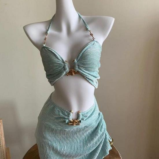 

Mint Green Sexy Gathered Three-Piece Bikini for Women M м ята зелений колір