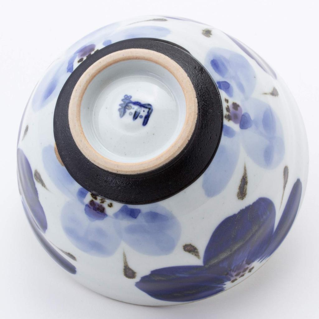 Hasami ware rice bowls (large) with layered flower pattern, blue, set of 3, 12363