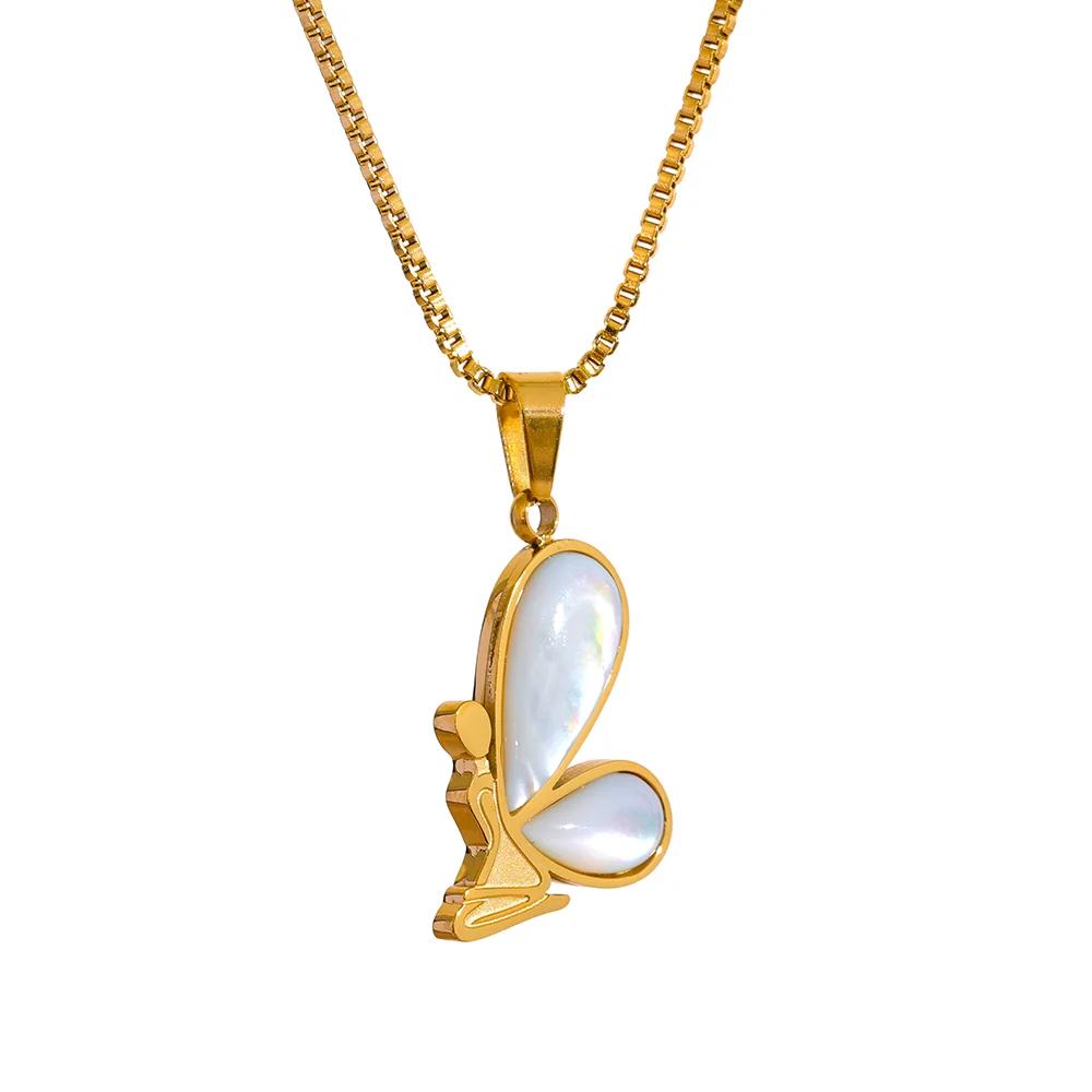 

Yhpup Stainless Steel Butterfly Pendant Necklace Inlaid Shell 18K Gold Color Charms Jewelry for Women Waterproof Gift