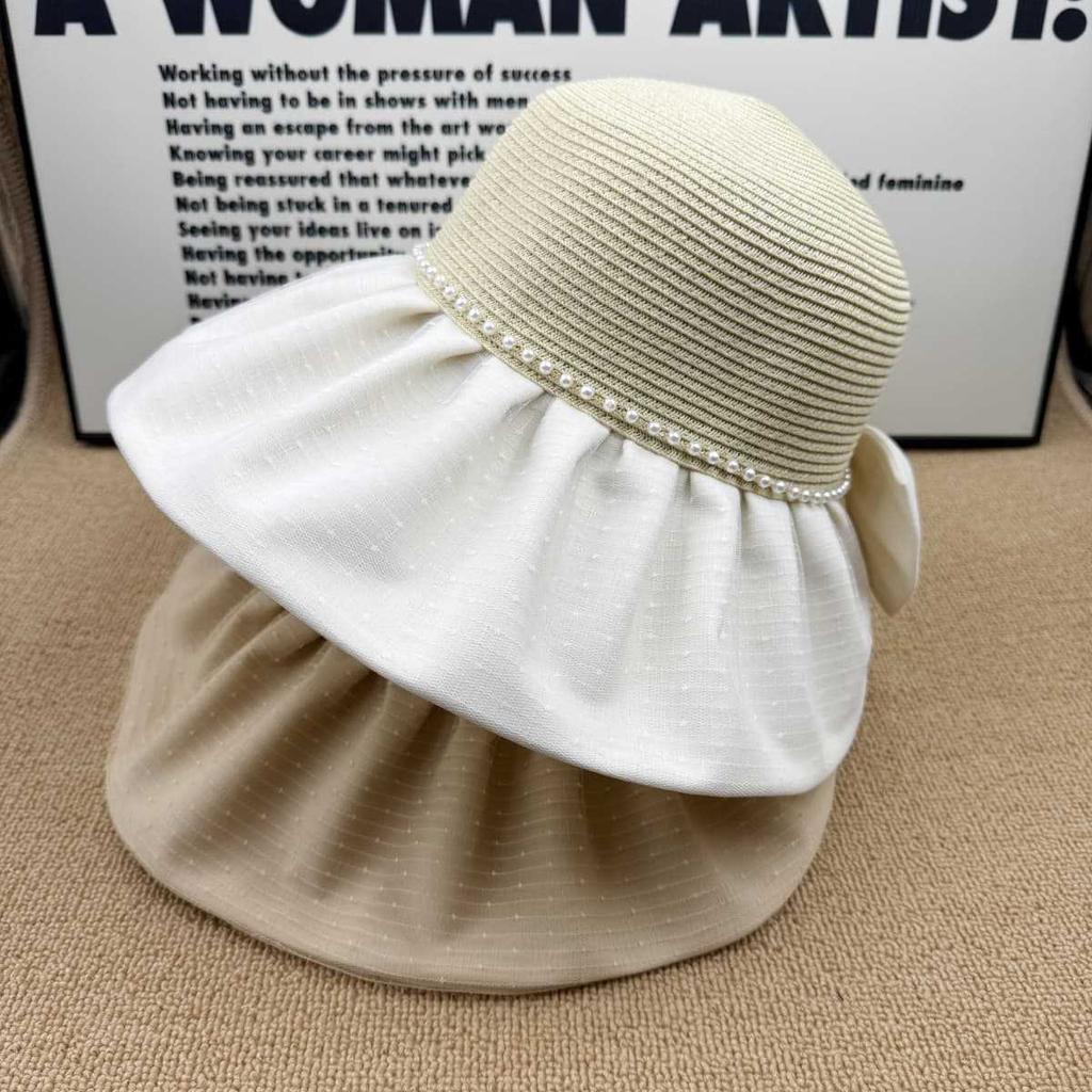 Internet celebrity pearl big brim straw hat women French sunscreen visor hat chiffon bow high quality bucket hat