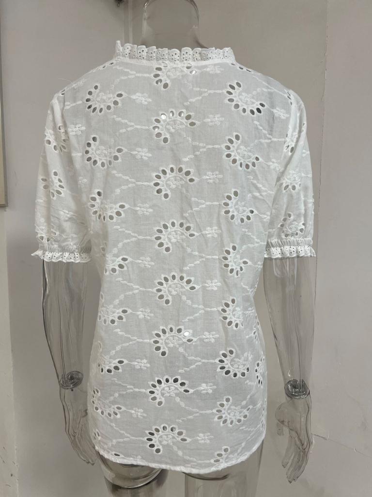 Women's Summer Fashion Casual Shirts Cropped Petal Sleeve Eyelet Tops V Neck Shirt