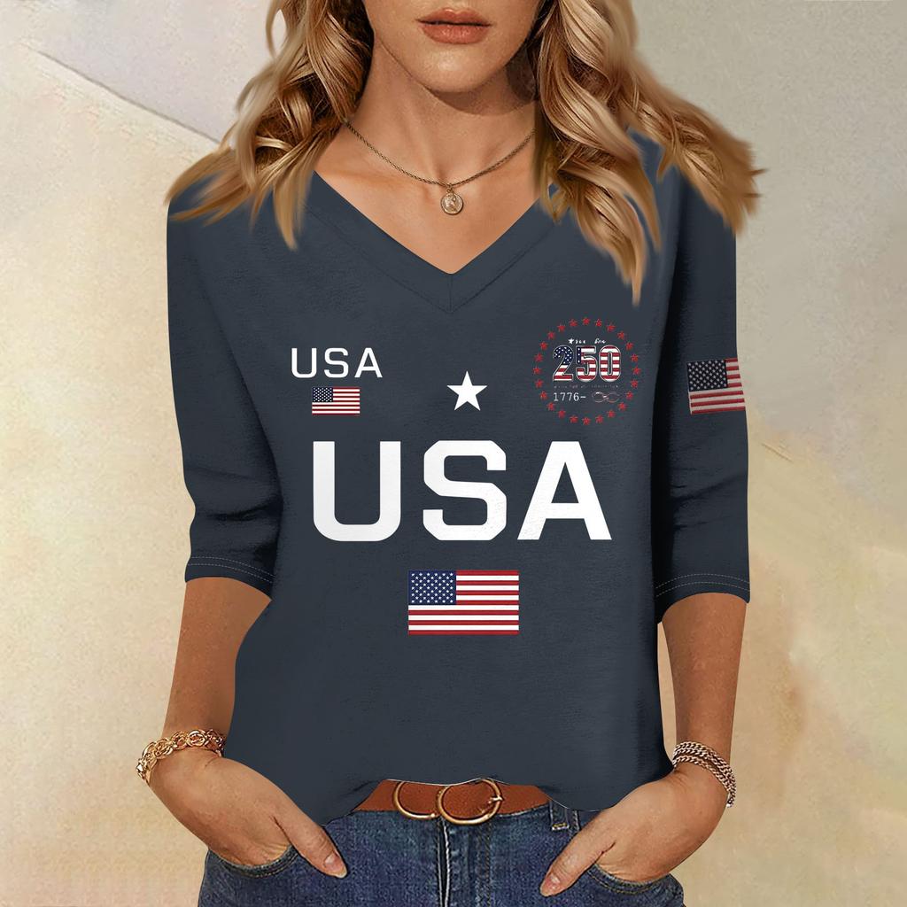 Damen T-Shirt Print 3/4 Ärmel Alltag Wochenendmode Basic V-Ausschnitt Normales Oberteil