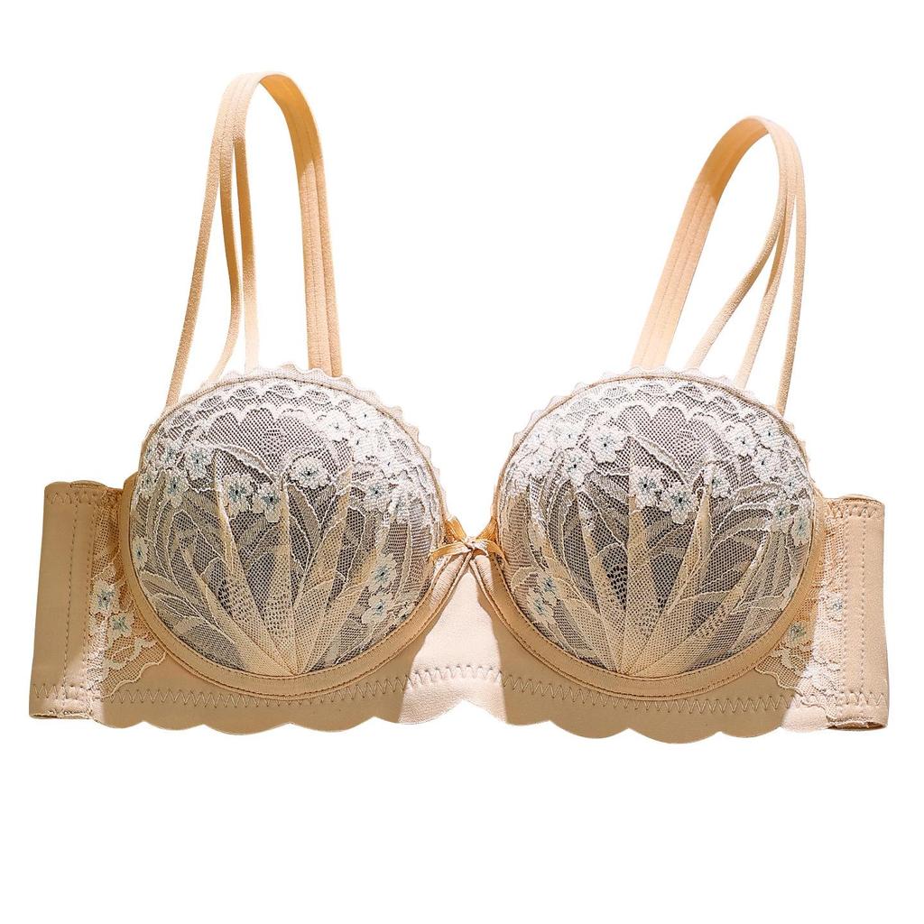 Sujetador de Lencería Push Up de Encaje Media Copa para Pecho Pequeño y Plano, Sin Aros, Anticaída, Relleno Extra Grueso.
