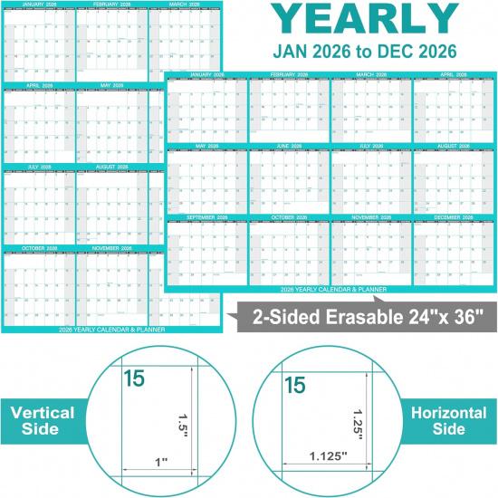 24" x 36" 2026 Wall Calendar with 3 Pack Fineliner Color Pens, Large 12 Month Annual Yearly Planner, Erasable Wet & Dry Erase Laminated Calendar for