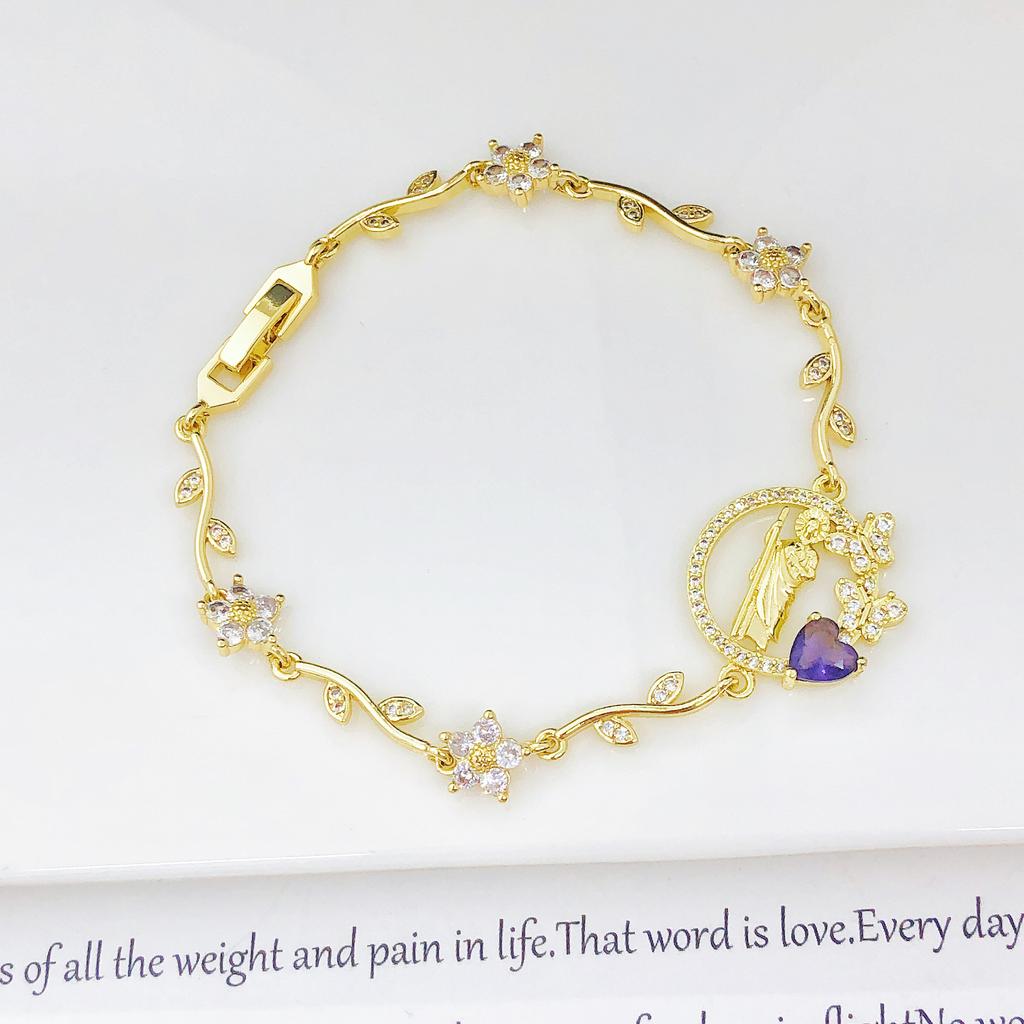 New Design Gold Plated Religious St. Jude Rhinestone Flower Bracelet Fashion for Women Dainty Christian Jewelry Birthday Gift