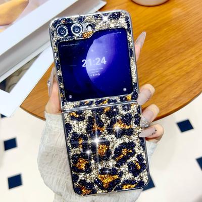 Luxury Glitter Leopard Pattern Case For Samsung Galaxy Z Flip 6 5 Bling Diamond Cover For Samsung Z Flip 5 Flip 4 Z Flip3 Cases