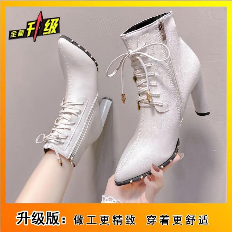Pointed high heels thick heel short boots women's new lace-up versatile thin Martin boots tide