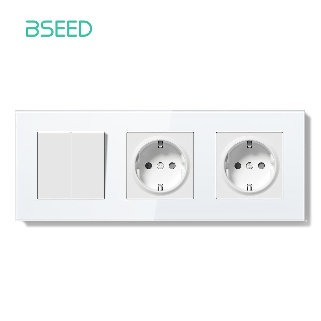 BSEED Switch Light Switch White Glass Frame Wall Power Sockets USB-C Phone Charge E-Series EU Standard 2 Way