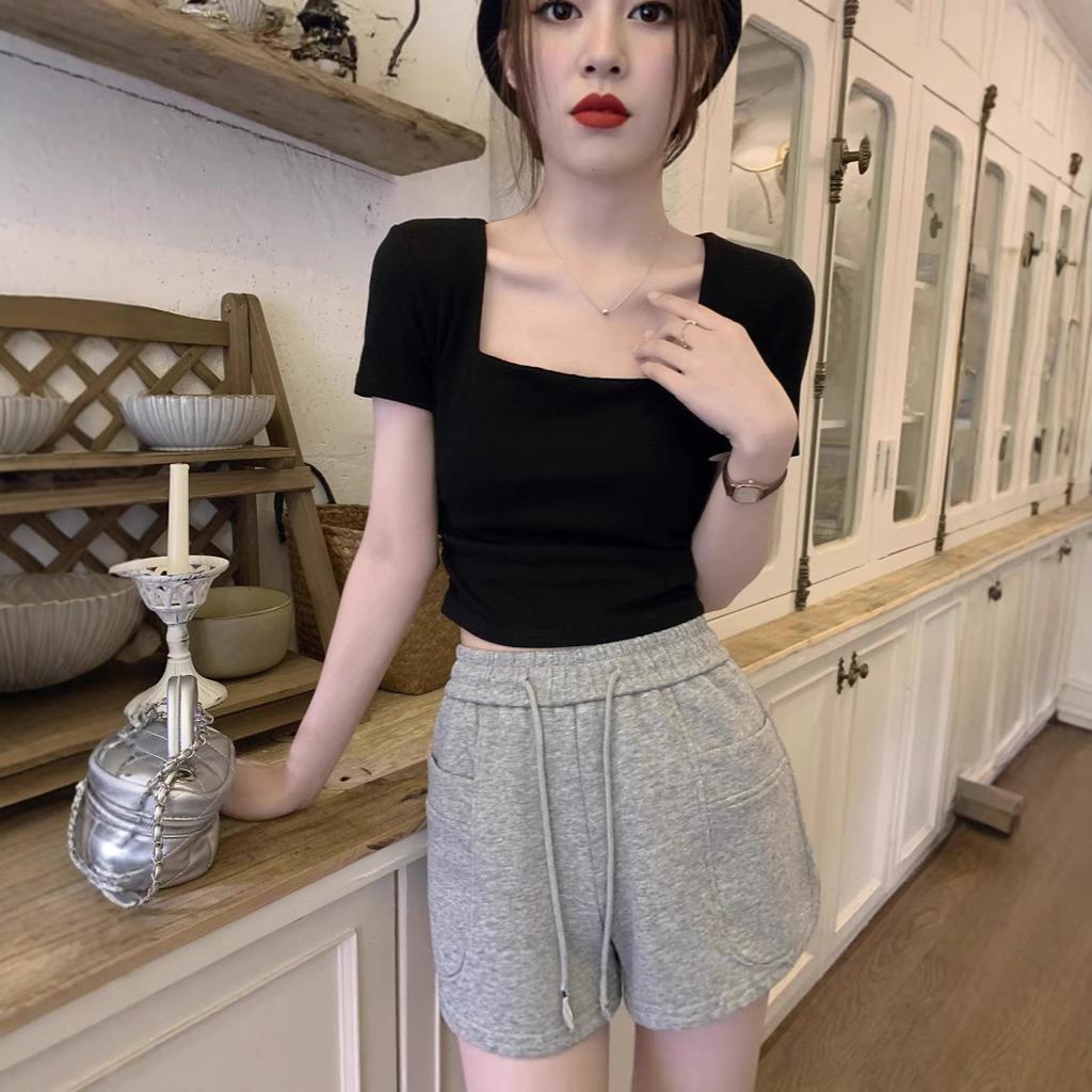 Korean Temperament Square Collar Pleated Design Short-sleeved T-shirt Women's Summer New Slim-fit Niche Short Top