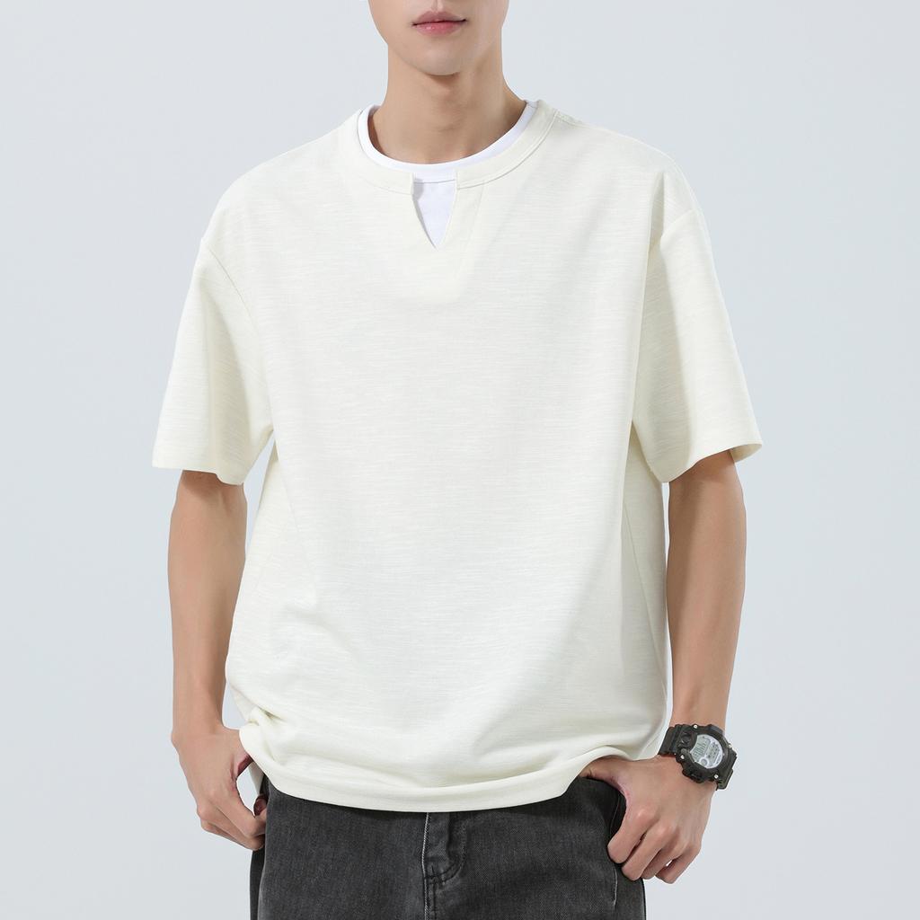 Men Fake Two Piece Notch Neck T Shirt Short Sleeve Loose Casual Textured Minimal Daily Summer Street Top