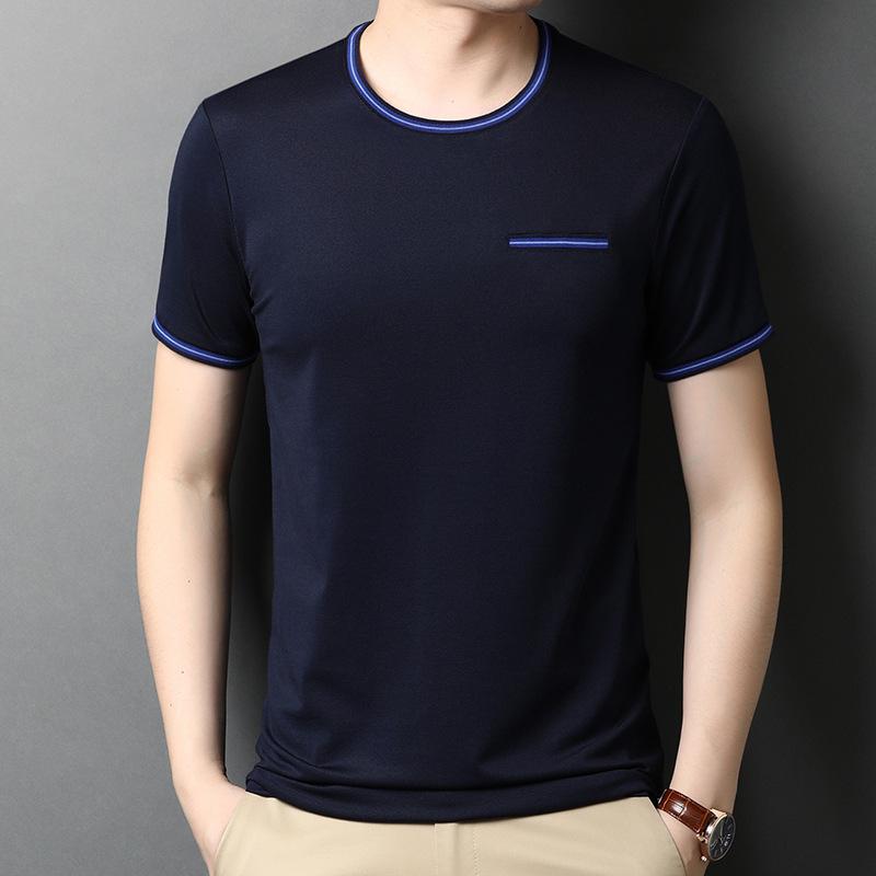 Summer Men's Mulberry Silk Thin Short-sleeved T-shirt Youth Edition Topstitch Fashion Pullover Mercerized Trendy Sweatshirt