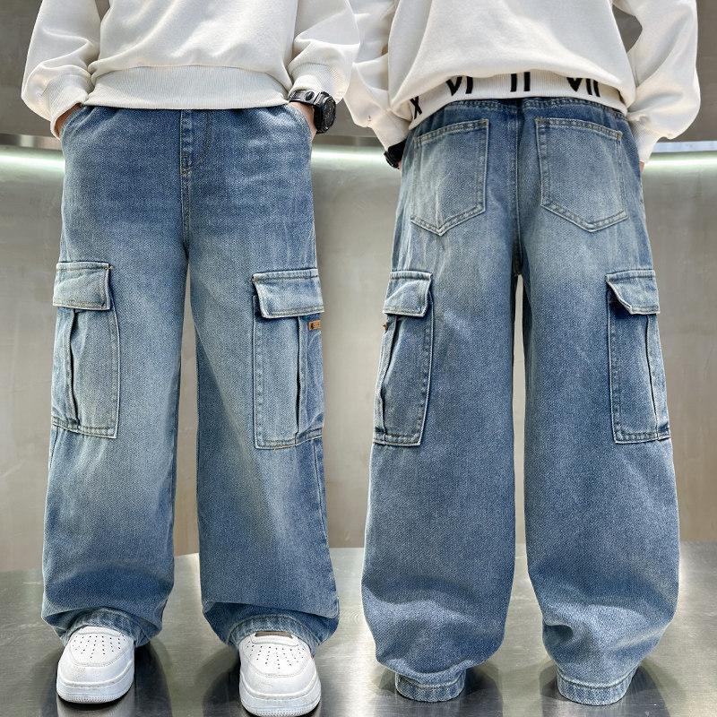 Boys Autumn Jeans Korean Style Cargo Pants Straight Leg Big Pockets