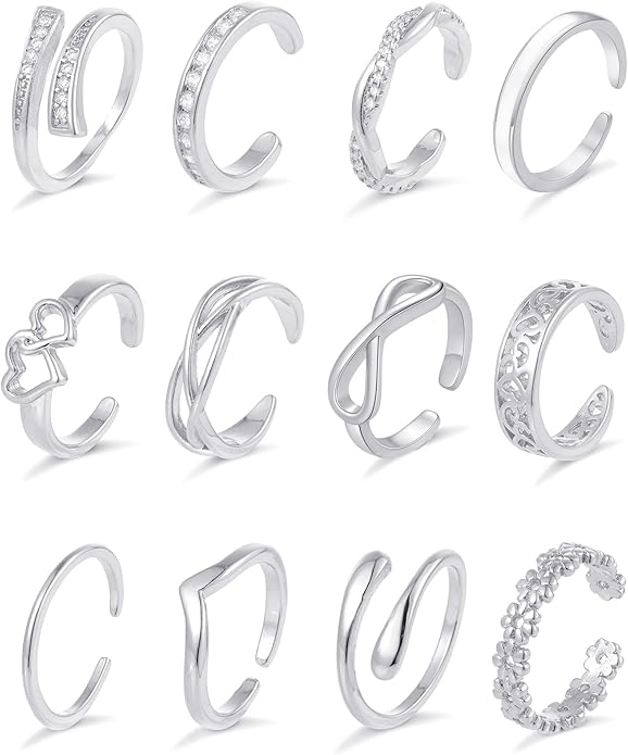 12Pcs Toe Rings Minimalist Thin Wire Cubic Zirconia Summer Beach Toe Rings Open Adjustable Foot Jewelry for Women Silver Tone