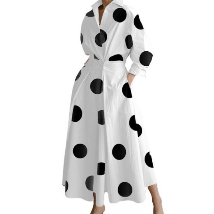 Boho Polka Dots Print Womens Wrap Shirt Dress Long Sleeve Maxi V Neck Swing Dress Lapel Collar Long Dress