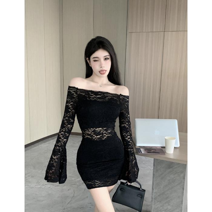 Spring Autumn Sexy Fashion Off the Shoulder Bodycon Lace Dress Women Flare Long Sleeve Slim Mini Vestidos Robe