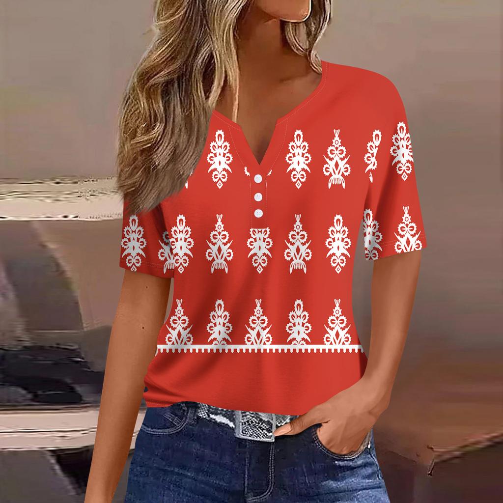 Women's T Shirt Tee Print Button Short Sleeve Daily Weekend Fashion Basic V- Neck Regular Top