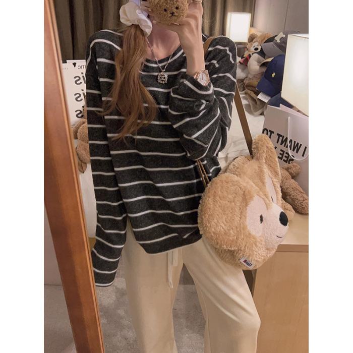 

Корейский шик, футболка с длинным рукавом, цветной блок, полоска, женская, осень-зима, ленивый стиль, начес, базовый слой XL темно-серого