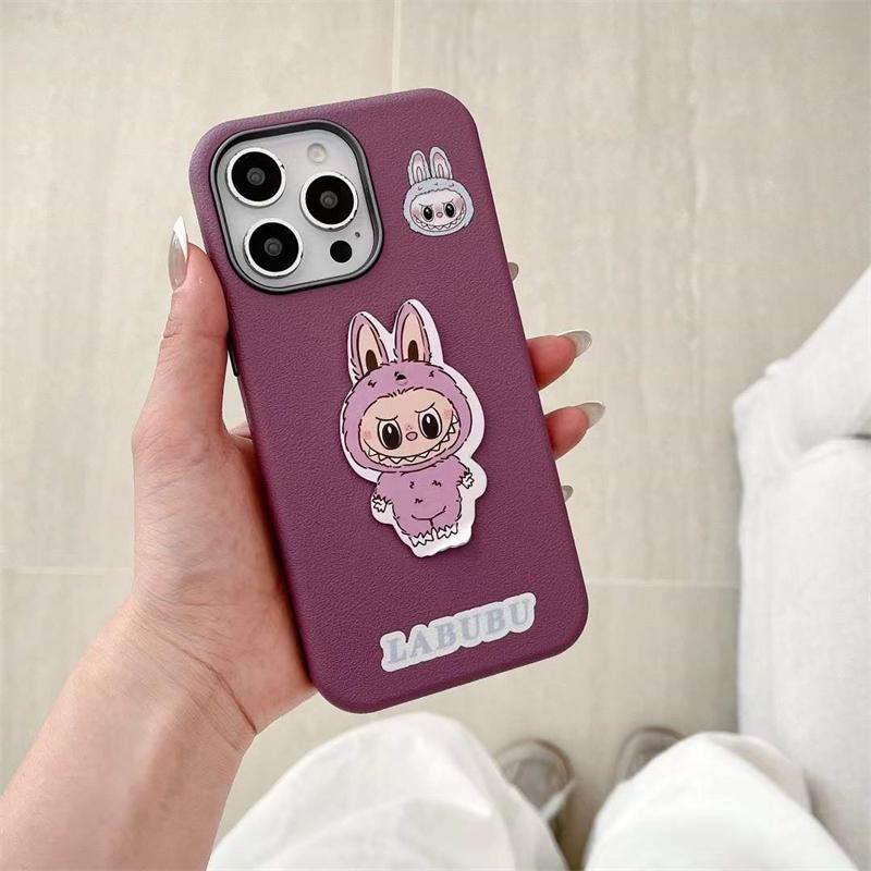 

Милый чехол для телефона Labubu из кожи личи для iPhone 16 15 14 13 12 11 Pro Max, мягкий чехол iPhone 12 фиолетовый