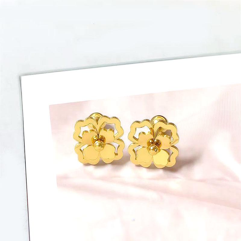 Korean Style Four-Leaf Clover Stainless Steel Ear Stud Earrings for Women