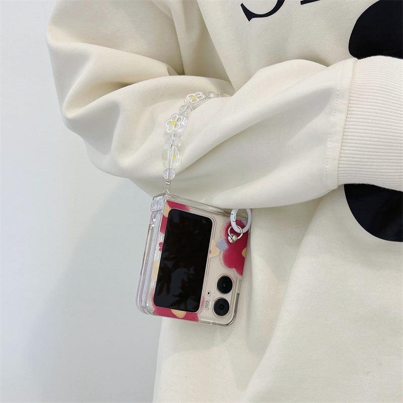 For Oppo Find N2 Flip 5G Case Flower Pattern Printing PC Phone Cover with Flower Charm Chain