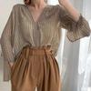 Women Elegant V Neck Vintage Blouses Lady Long Sleeve Loose Casual Chiffon Shirts