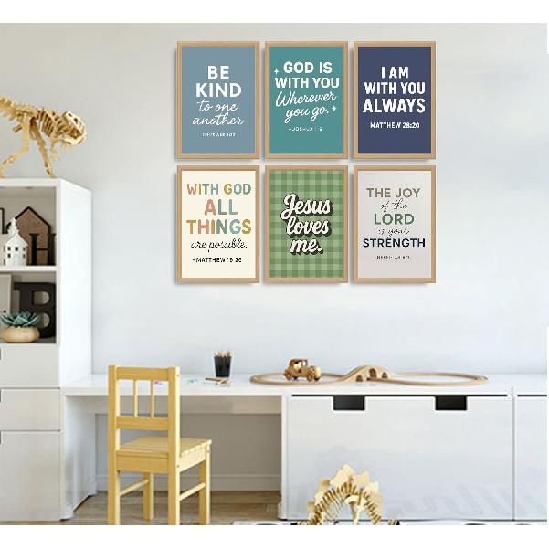 6Pcs Christian Themed Wall Art Boys Room Pictures Wall Decor Kids Bible Verse Posters Prints Artwork for Living Room Bedroom Nursery Home Decoration