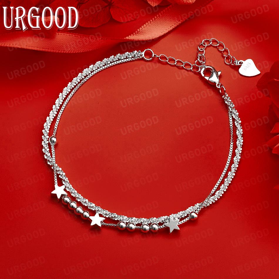 925 Sterling Silver Five-Pointed Star Bead Bracelet Side Chain, Exquisite Gift Jewelry 20CM