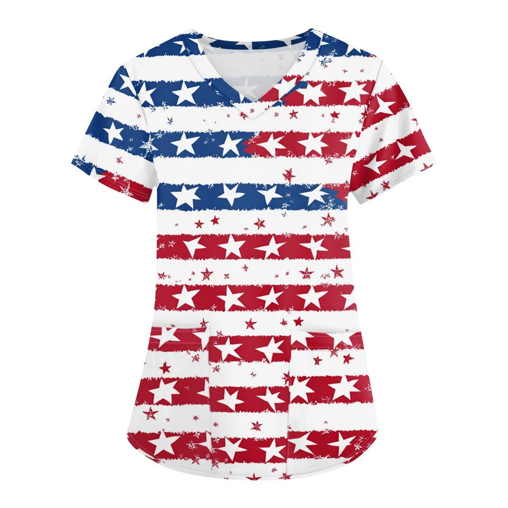 Damen Druck Uniform Arbeitsuniform V-Ausschnitt Taschen Basic Kurzarm Pullover Oberteil