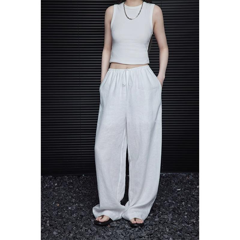 Moment White Linen High-Waisted Wide-Leg Pants for Women - Summer 2024 Medium