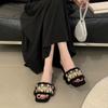 French Rhinestone Buckle Plush Slippers Women's 2026 Spring Autumn New Square Toe Open Toe Slides Sandals for Women Fashion