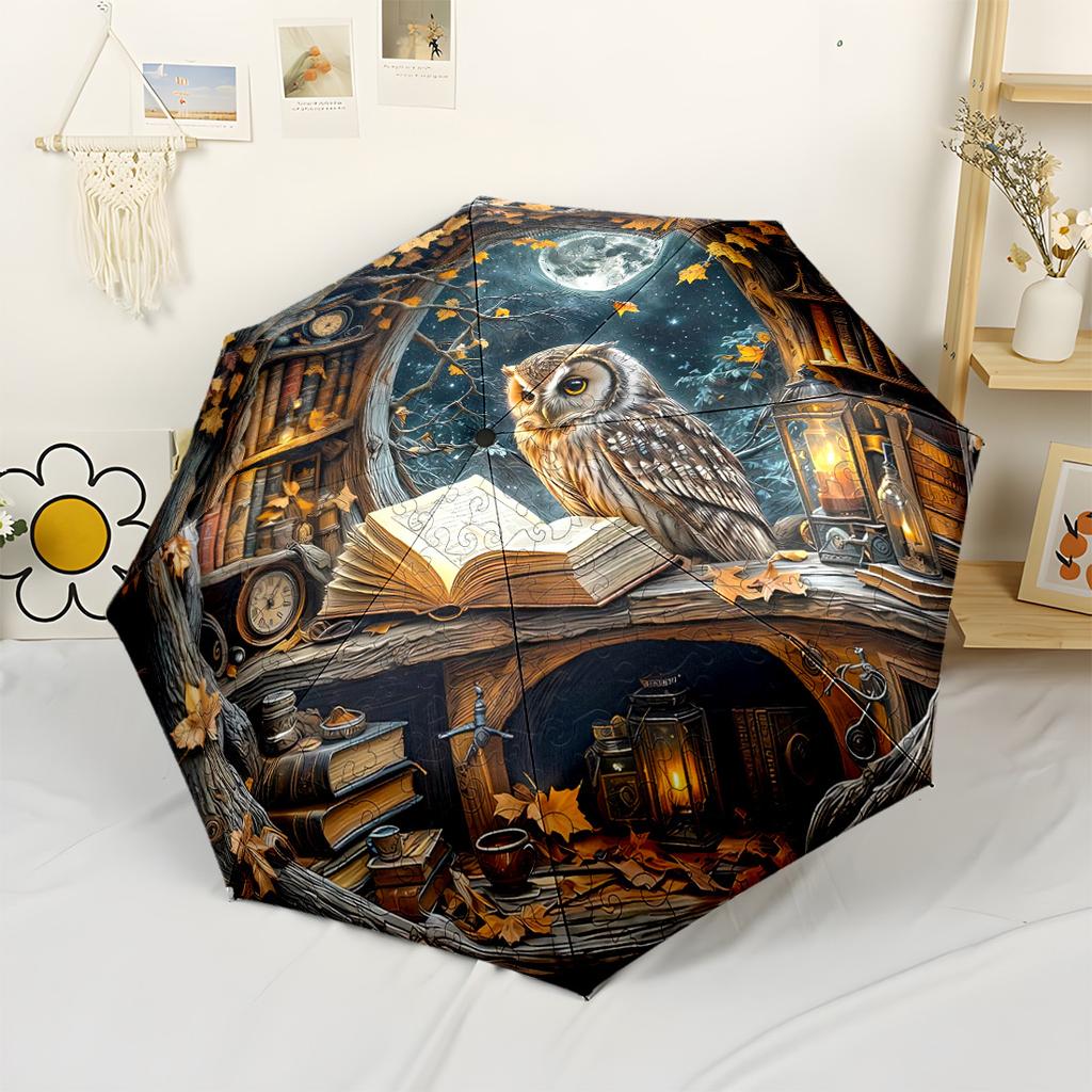 Whimsical Night Owl Bookshelf Puzzle Compact Travel Automatic Umbrella With 8Rib Lightweight Allseason Travel Compact Folding Umbrella For Women