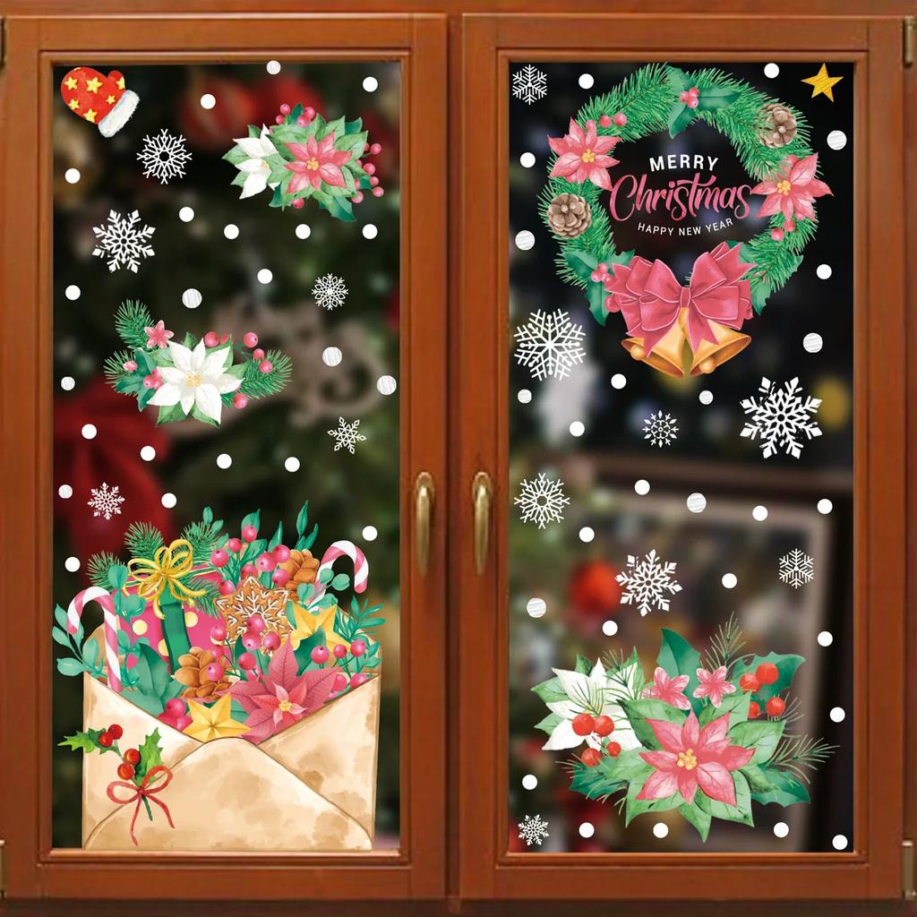 Christmas Pink Santa Claus Stickers Xmas Ball Garlands Bell Snowman Static Stickers Merry Christmas Decor Happy New Year