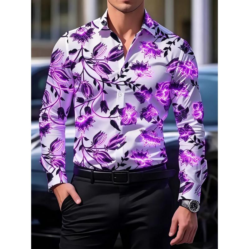 Men's Floral Printed Long Sleeved Lapel Shirt, European and American Nightclub Party Trend Casual Floral Shirt