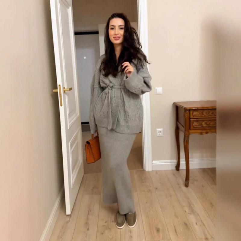 Hollow Cardigan Loose Knitted Sweater Jacket Cross-border European and American Women's Clothing Lace-up Skirt Fashion Casual Suit