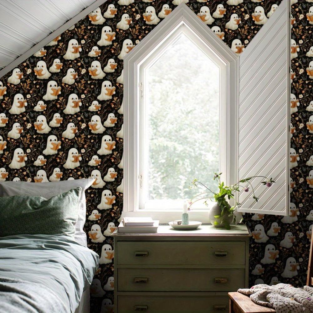2pcs Halloween Self-Adhesive Wall Stickers Removable Cute Ghosts Wallpaper Dark Style Peel and Stick Wallpaper with Flower Halloween Themed Wallpaper