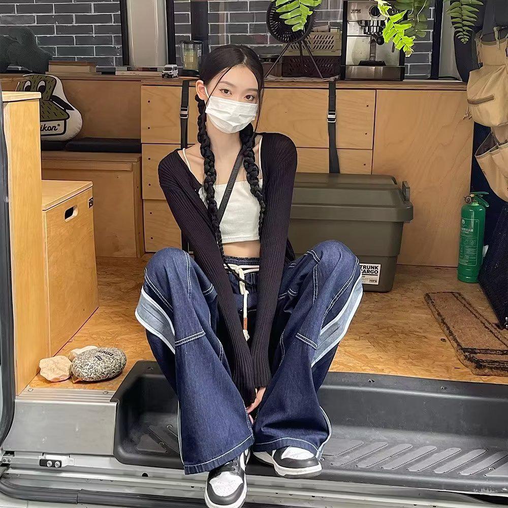 Women's Elastic Waist High-Waist Loose Straight Leg Jeans with Drape - Spring Style Slimming Wide-Leg Pants