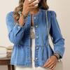 Women's Color Denim Shirt Jacket Casual Button Front Round Neck Versatile Outerwear