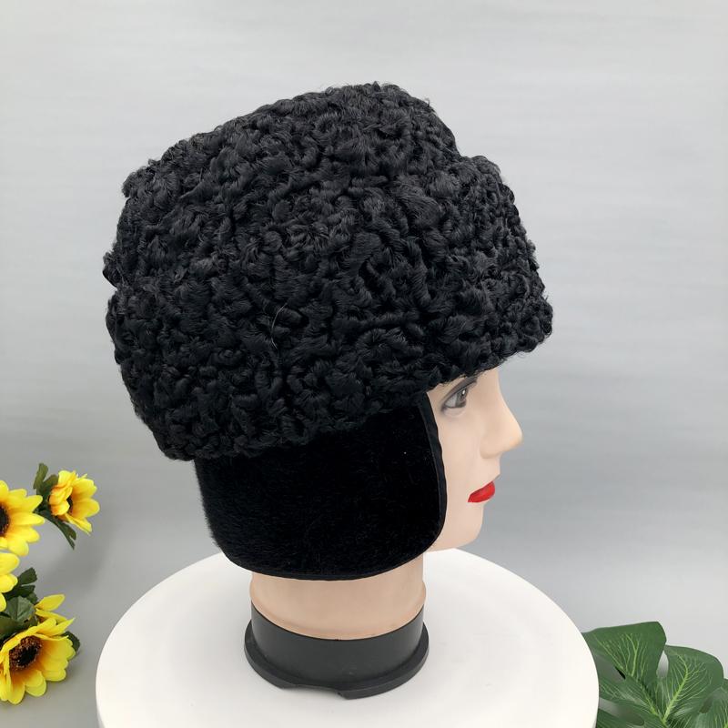 

Снежная шапка для мужчин Зимняя теплая натуральная овечья меховая шапка-бомбер для отдыха на природе 55-60cm чёрный