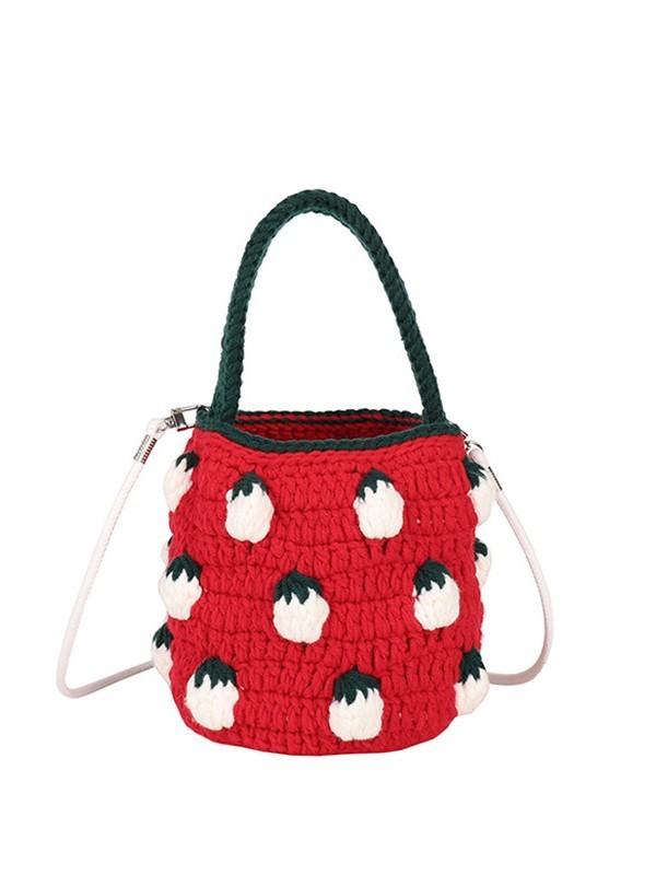 Borsa in Maglia Fatta a Mano a Forma di Fragola con Motivo Floreale per Uso Quotidiano Casual
