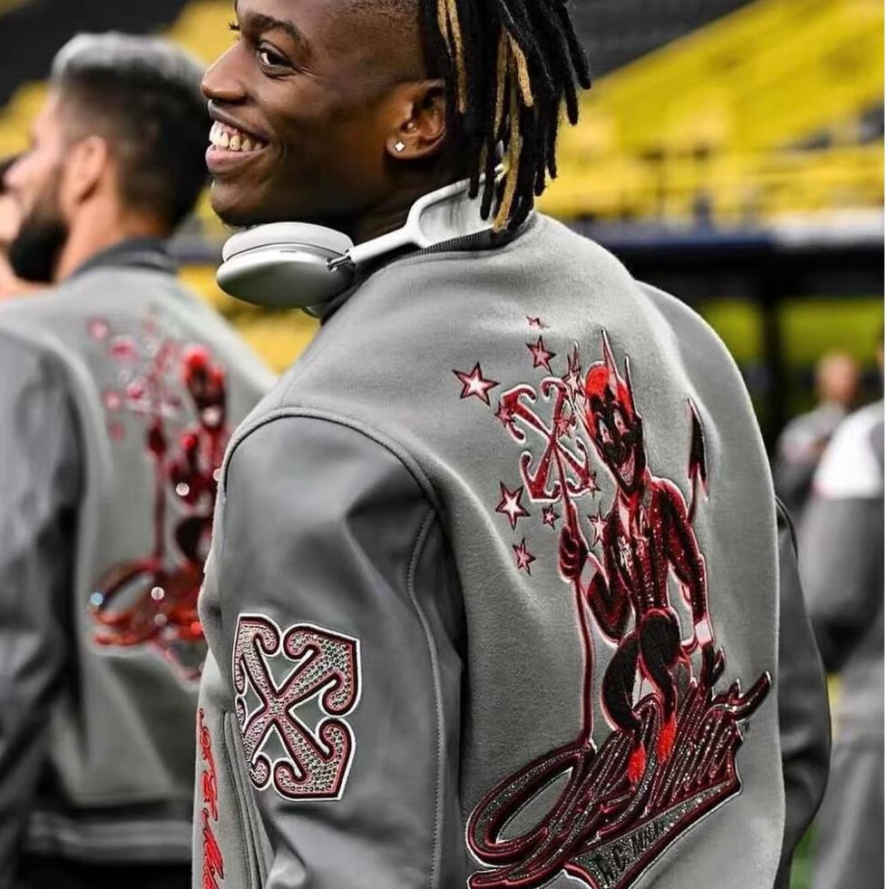 Tide Brand AC Milan Embroidered Leather-Sleeve Versatile Baseball Jacket