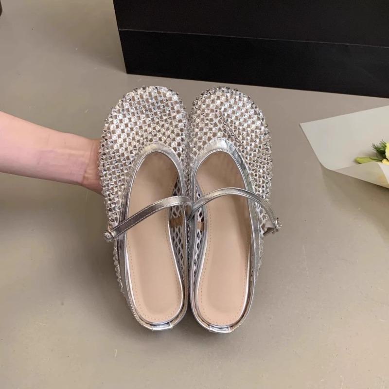 Fashion Rhinestone Marie Jane Baotou Half Slippers Women's 2025 New Summer Outside Wear Half Bottom Flat Cool Mopping