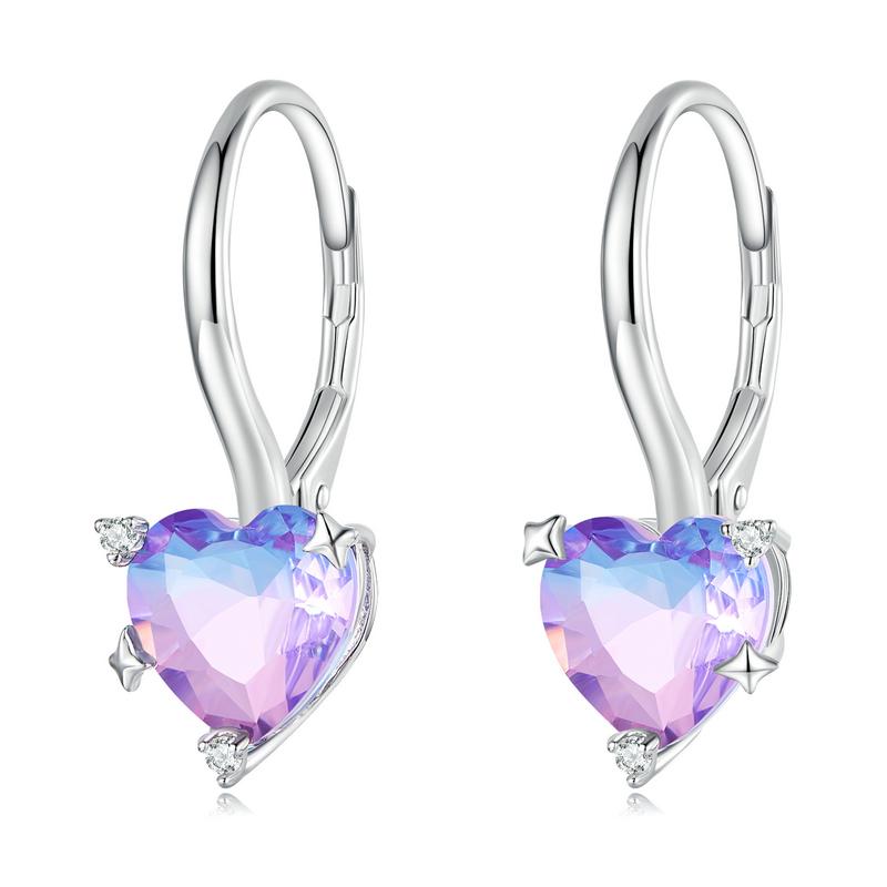 WOSTU 925 Sterling Silver Blue Purple Rainbow Heart Hoop Earrings for Women Sweet Romantic Drop Pendiente New Year Jewelry Gift