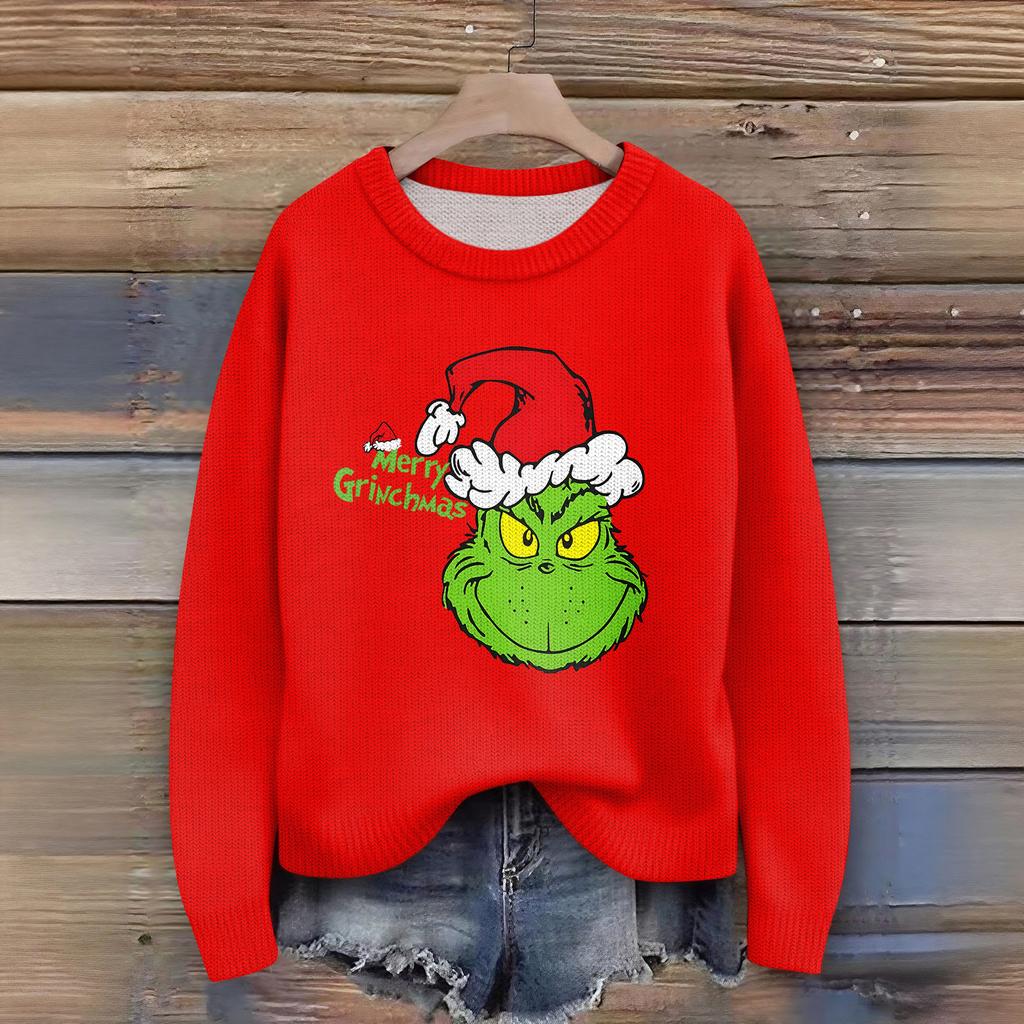 Women's Christmas Print Cardigan Long Sleeve Round Neck Knit Top