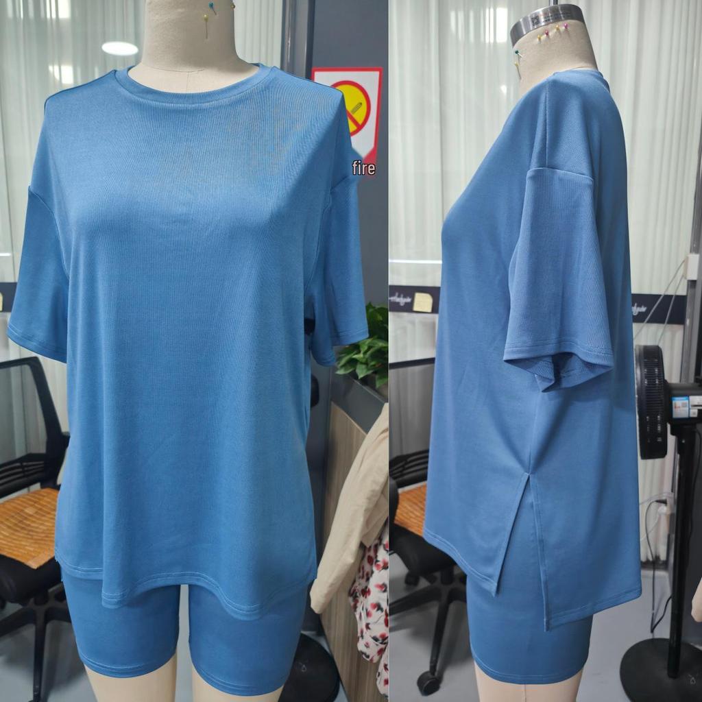 2026 Euro-American Casual Solid Color Loose-Fit Short-Sleeved Top & Shorts Two-Piece Sports Set