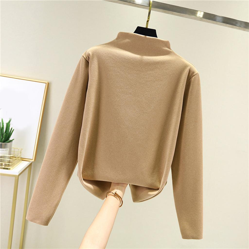 Women's Thick Fleece Base Shirt With Warm Inner Layer And Seamless Long Sleeved T-shirt Half High Neck Top