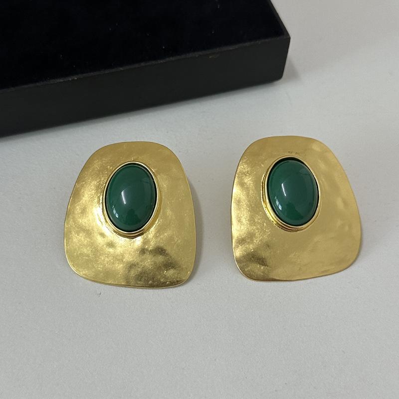 

Poplar Woods Retro Metal Hammer Resin Gemstone Earrings Simple Light Luxury High-end Earrings Women