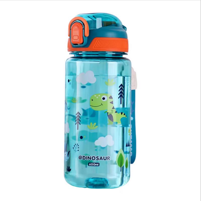 600ml Cute Water Bottle with Silicone Straw Leakproof Dinosaur Rabbit Design Portable Outdoor Sports Drinkware for School Travel