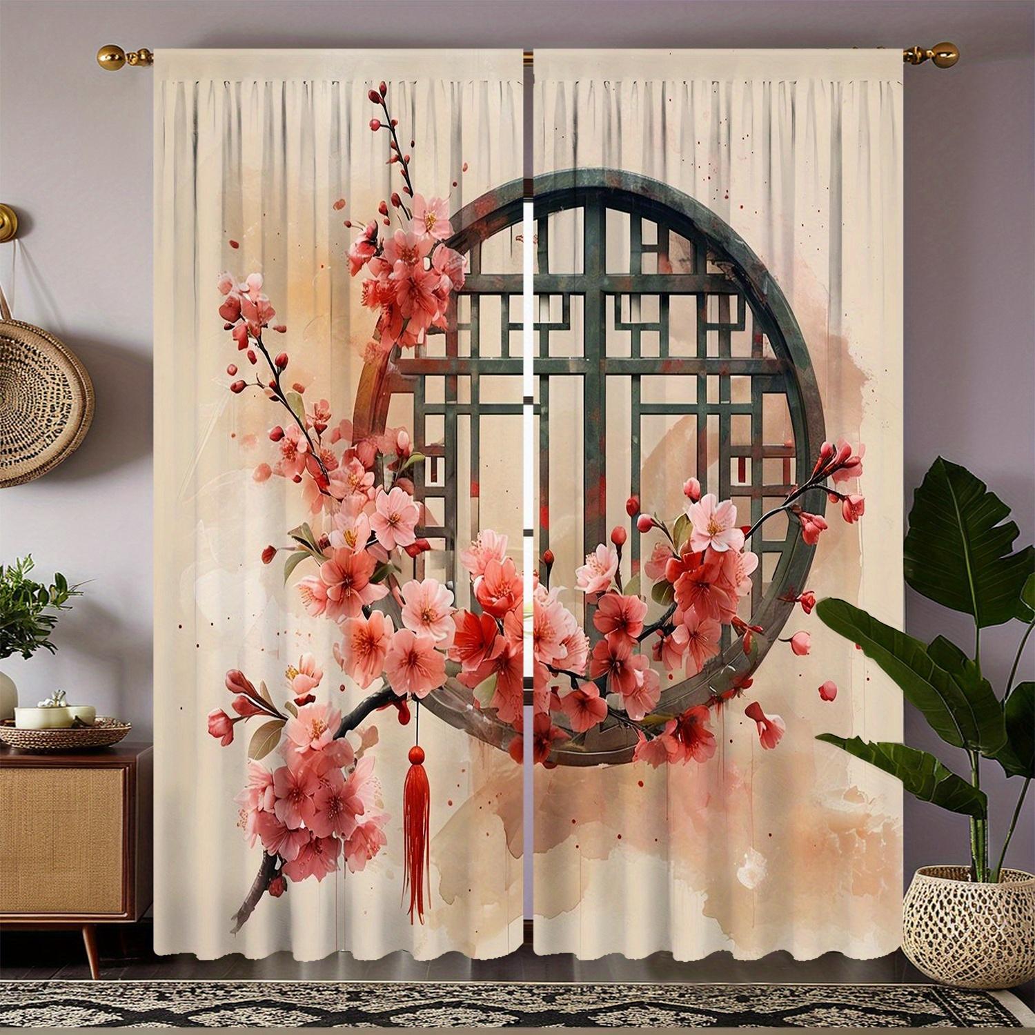 

2PC Elegant Sakura Curtains – HD Digital Print Sheer Polyester for Living Room & Bedroom – Asian Design Blackout Pocket Rod Top 100*130 HOOK 1pcs