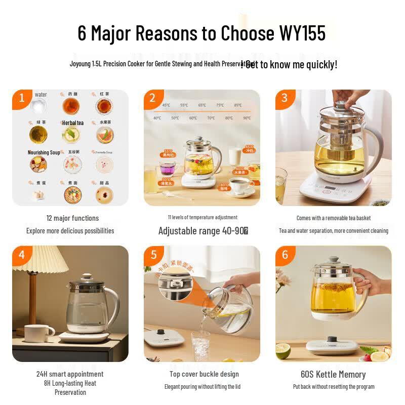 Joyoung 1.5L Smart Glass Health Tea Kettle K15F-WY155 CN plug (adapter included)