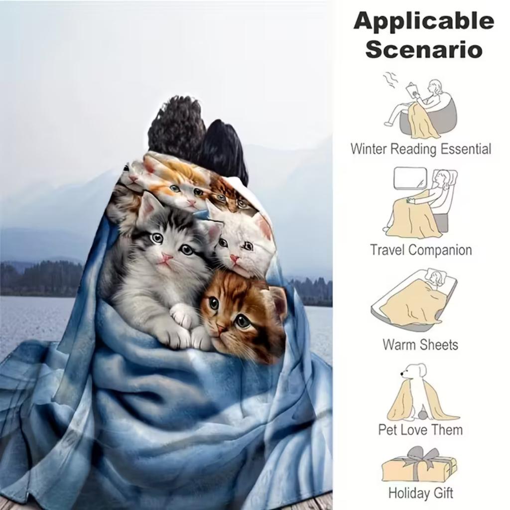 1pc Black Blanket Lovely Cat Printed for Home Living Room Bedroom Decoration New Year Christmas Gift Birthday Gift
